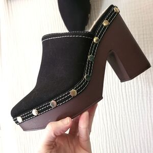 crown & ivy Black Suede Platform Clog Heels with Gold Studs